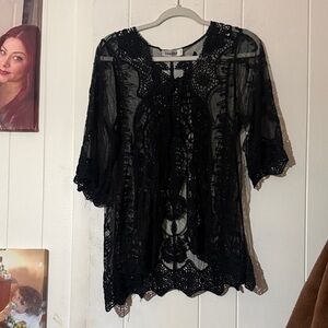 Roommates Black Sheer Crochet Lace Women's goth Whimsygoth beach cover up